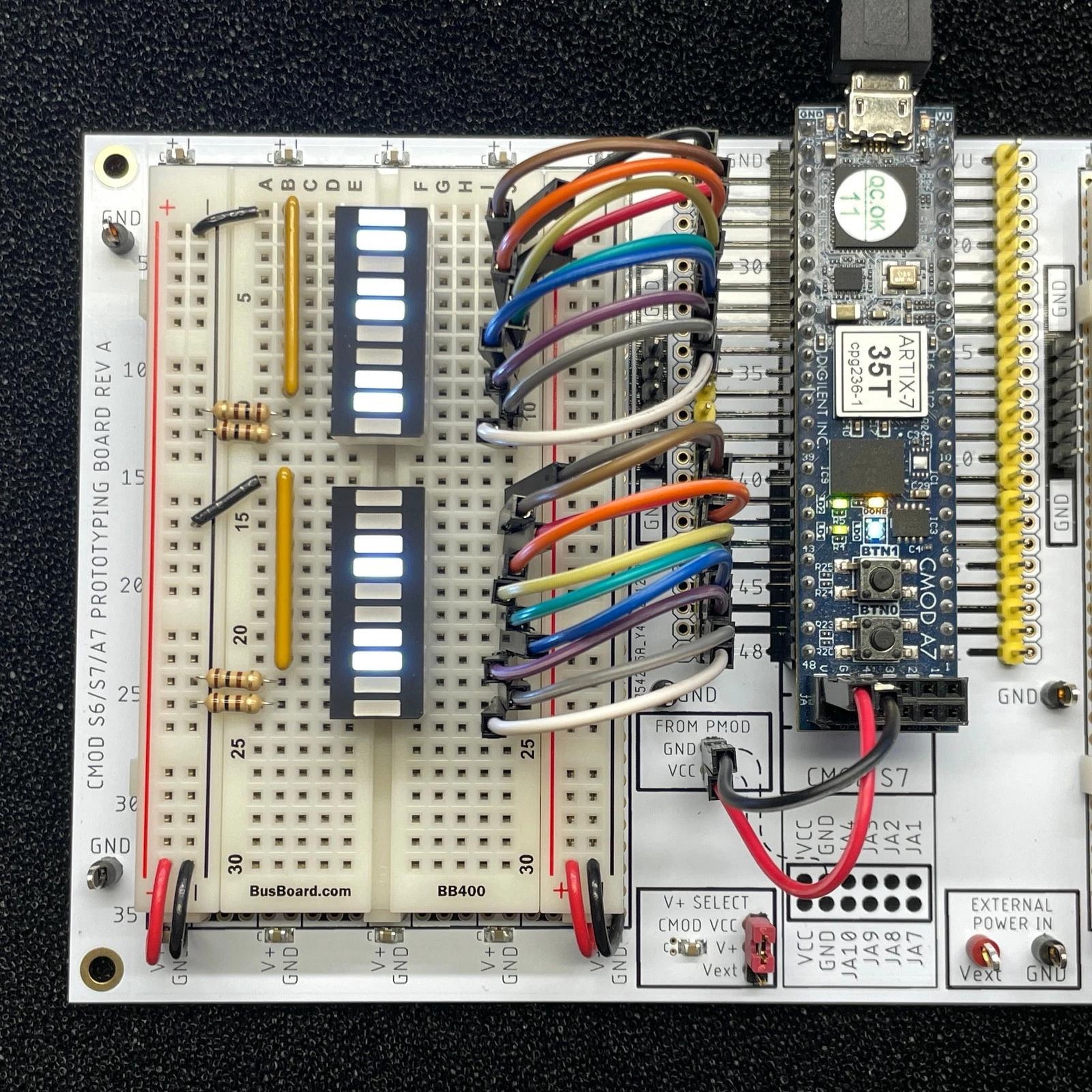 Prototyping board for Digilent S6/S7/A7 CMOD FPGA modules, Arduino Nano & Every