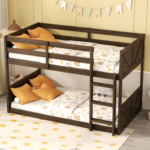Alvantor Twin Over Twin Bunk Bed, Wooden Low Bunk Bed with Full-Length Guardrails and Ladder, Space-Saving Bed Frame for Kids, Antique Oak