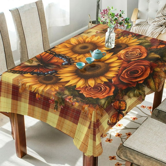 YAZAOO Square Tablecloth Sunflowers Roses and Butterflies Pattern Tableclothes