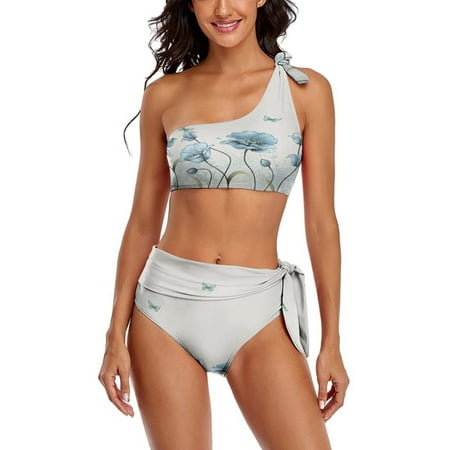 Watercolor Garden Flower Art One Shoulder Bowknot Swimsuit Two Piece Swimsuit Knot Crop Top Bikini High Waisted Bathing Suit