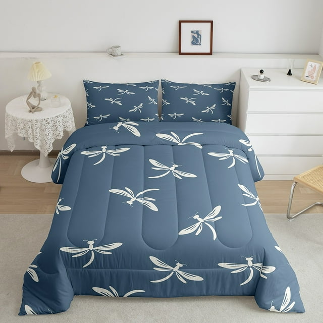 YST Dragonfly Down Comforter King Size 3Pcs,White Blue Dragonflies Comforter Set,Hand Drawn Sketch Style Bedding Set,Spring Rustic Flying Animal Quilt Set 1 Comforter with 2 Pillow Cases