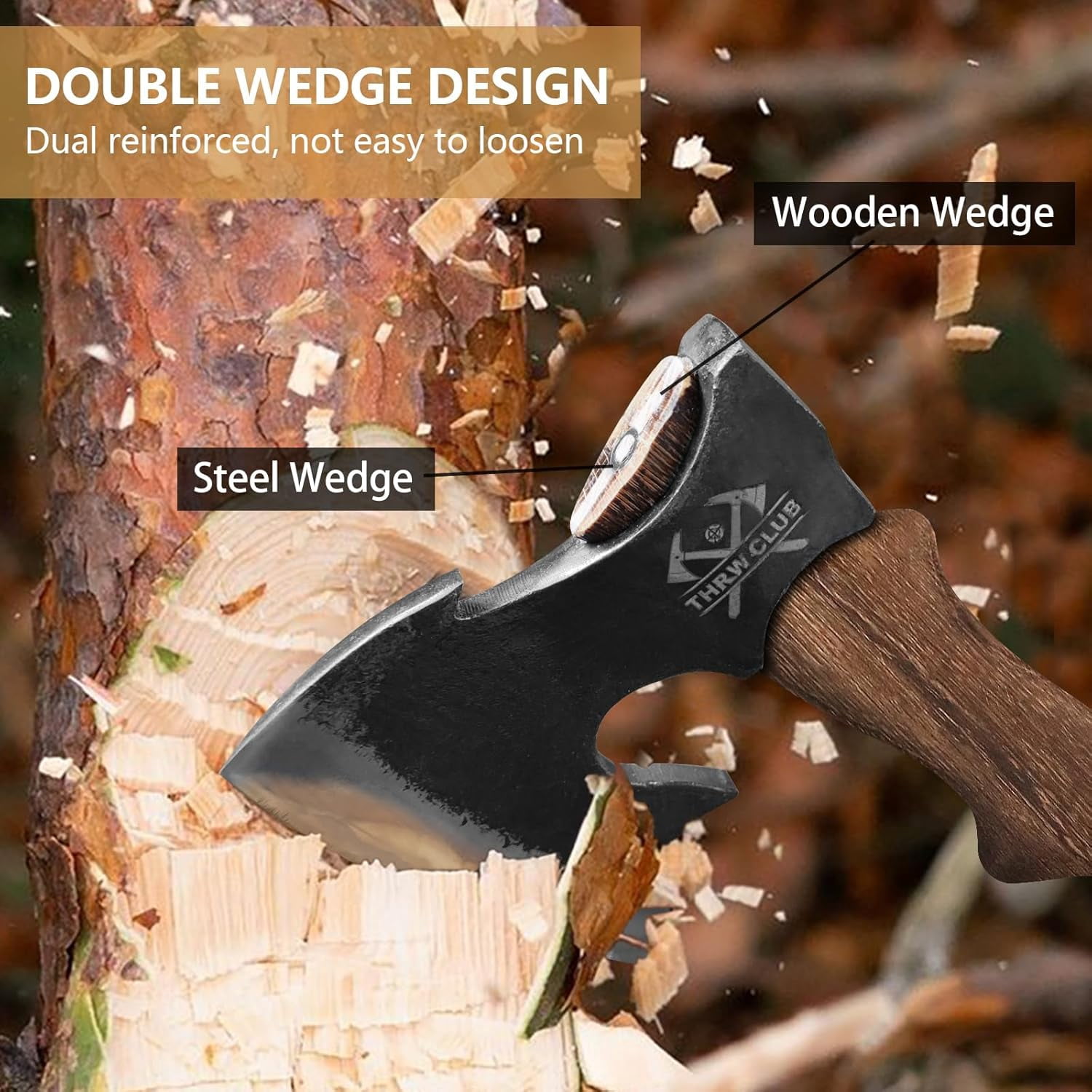 THRWCLUB 15.5" Hand Forged Hatchet, 1065 Carbon Steel, Wooden Handle, Leather Sheath, Axe Sharpener, for Camping & Gardening