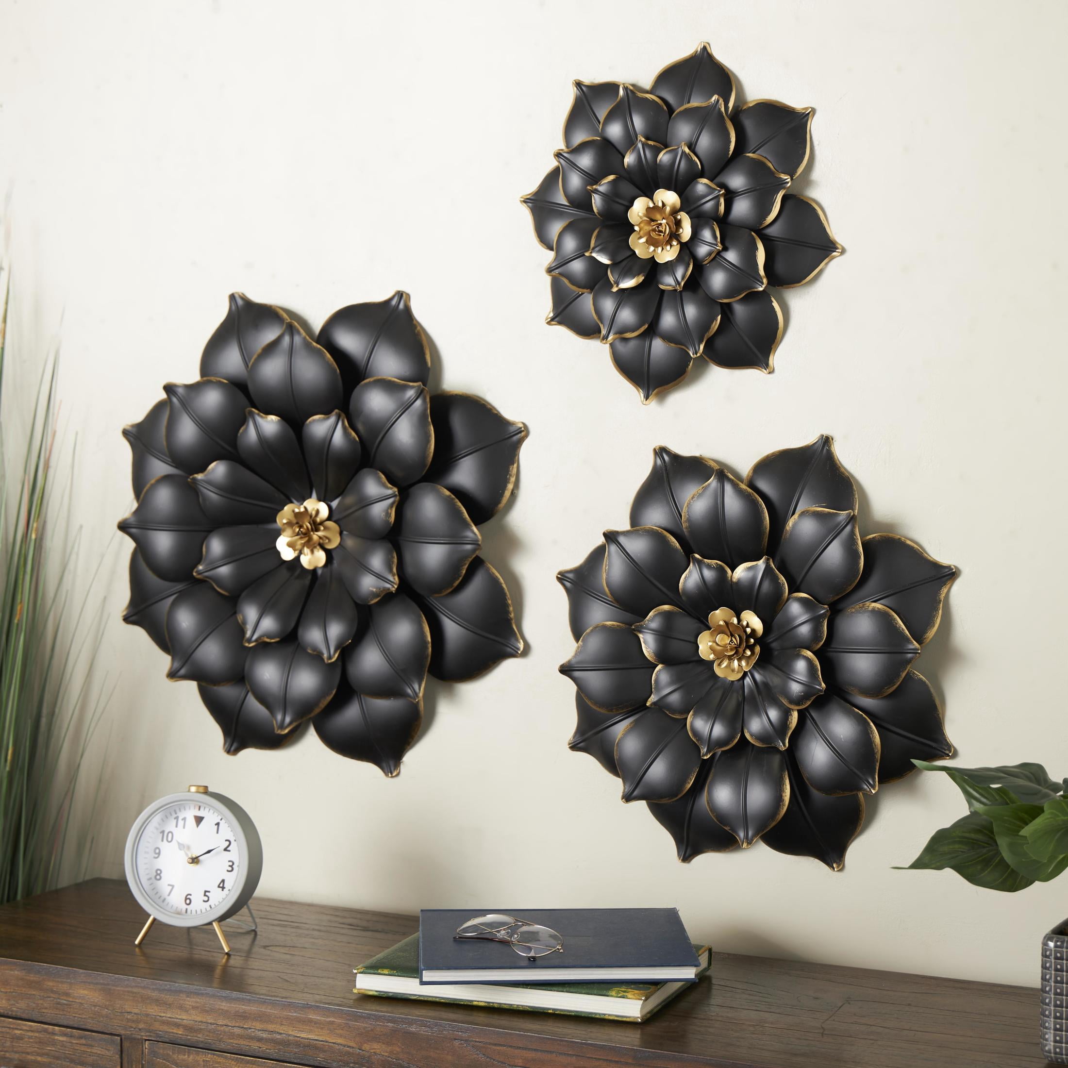 DecMode Black Metal 3D Floral Wall Decor with Gold Center (3 Count)