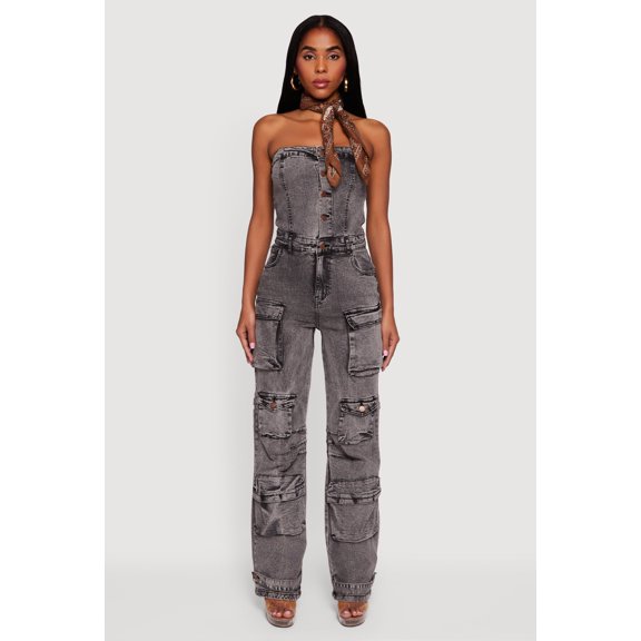 Women's Acid Wash Strapless Button Front Utility Jumpsuit