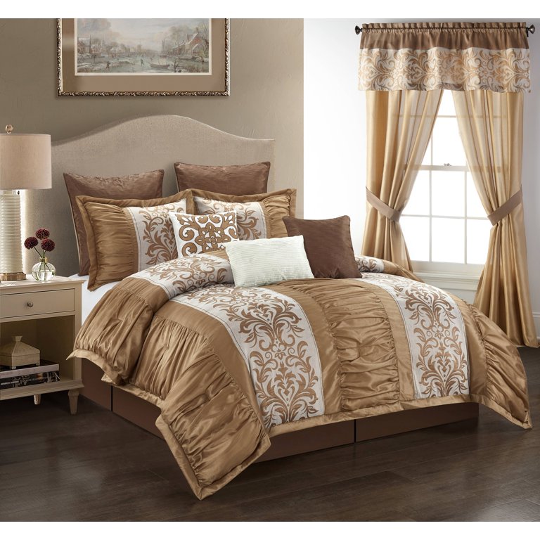 Royal Gold Silky 9 pcs Cal King Queen Jacquard Comforter Set