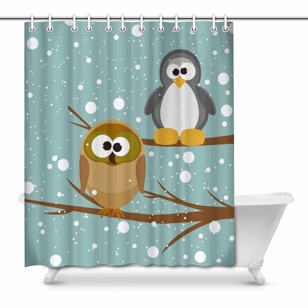 Mkhert Funny Owl And Penguin On A Tree Under Snowfall Waterproof Shower Curtain Decor Fabric Bathroom Set 66x72 Inch Walmart Com