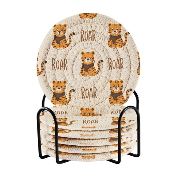 Haosy Set of 6 Drink Woven Coaster with Holder Heat Resistant Non-Slip Bar Coasters 4 Inches Cute Cartoon Playful Tiger