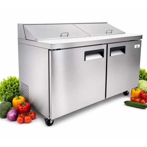 15.4 Cu. Ft. NSF Commercial 60" Sandwich Prep Table Refrigerator, 2 Solid Doors, Stainless Steel Mega Top Food Prep Cooler, 33°F–41°F