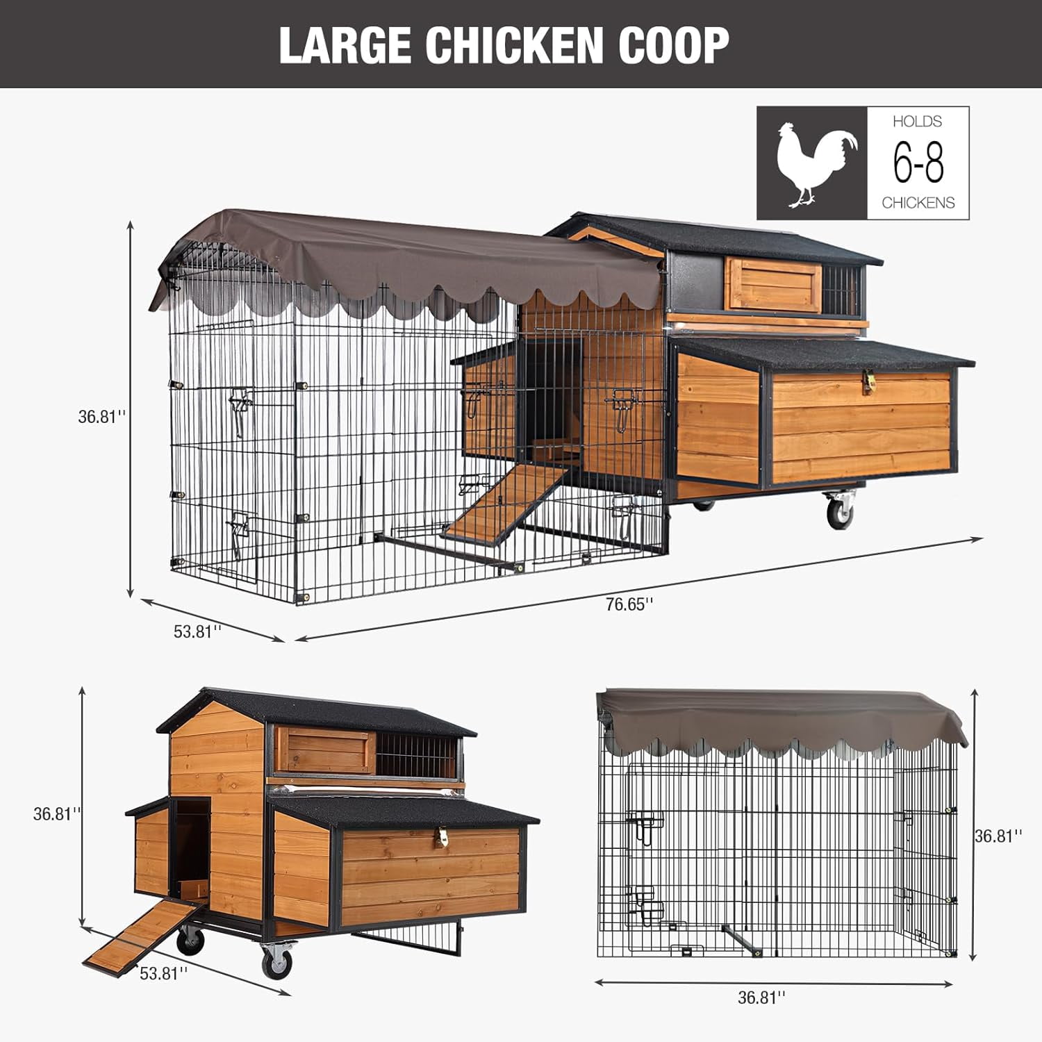 Aivituvin Large Chicken Coop with Run, Mobile Chicken House with Wheels and All-Around Iron Frame,Portable Poultry Cage for 6-10 Chickens, Nesting Box