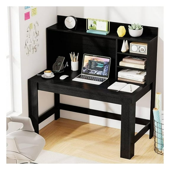 WDZS Computer Desk with Hutch & Charging Station, Home Office Writing Study Desk with Storage Shelves, Cable Management Hole, Laptop Desk, Desk for Bedroom, Computer Workstation (Black)