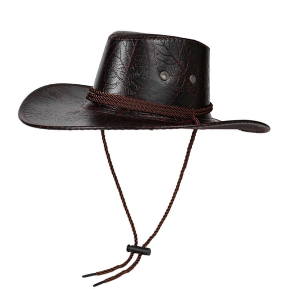 Unisex Faux Leather Cowboy Hat, Embossed Leaf Pattern, Wide Brim Western Hat