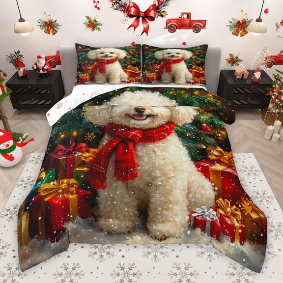 Manfei 3D Christmas Dog Bedding Comforter Set, Cute Pug Animal Twin Comforter Sets, Winter Xmas Tree Gifts Reversible Bedding Set, Breathable Home Decor, 2-Piece
