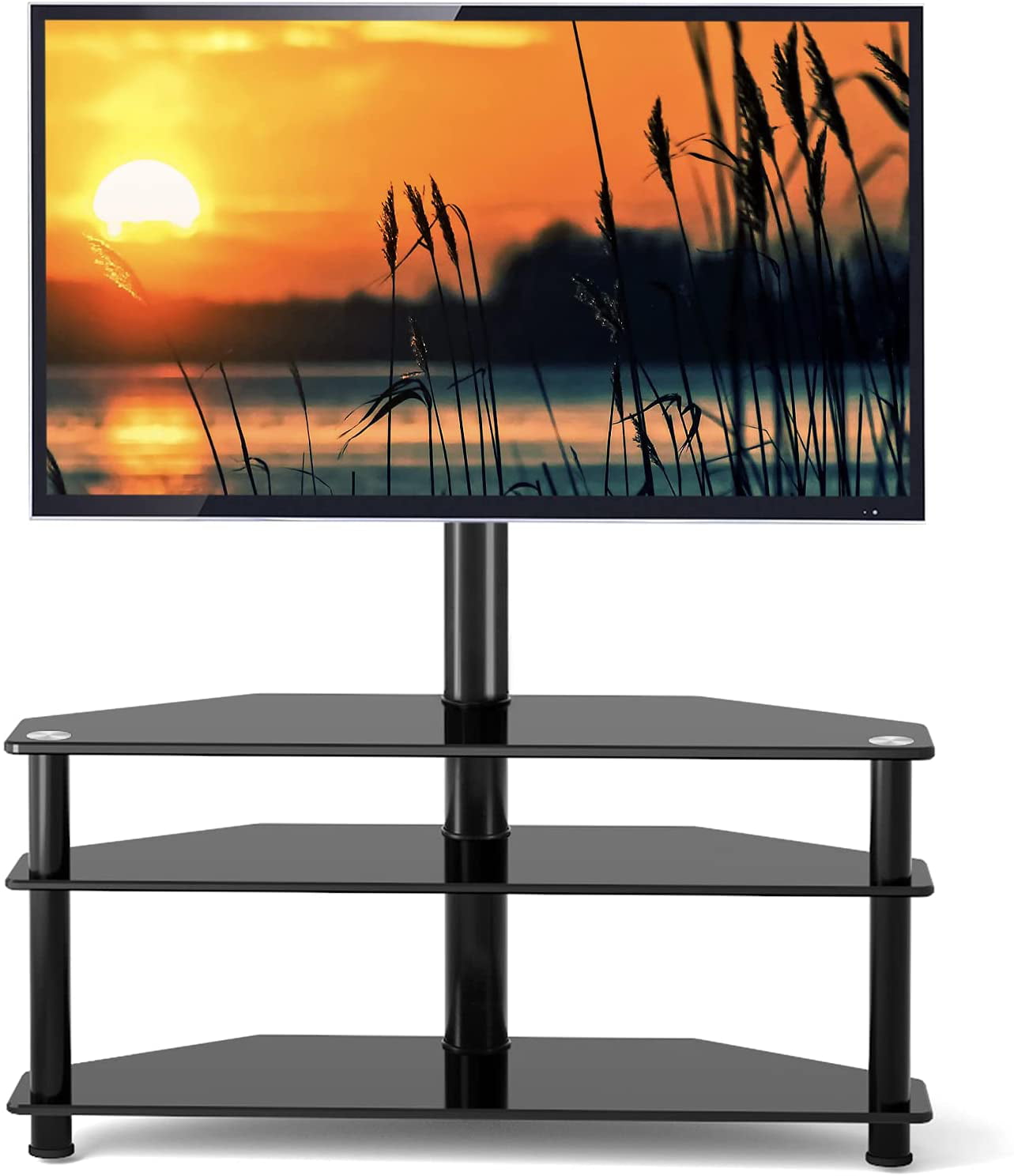 TAVR Swivel Floor TV Stand with Mount 3-in-1 Flat Panel Height Adjustable Glass Entertainment Stand for 32 37 42 47 50 55 60 65 inch Plasma LCD LED QLED Flat/Curved Screen TV 3-Tier Media Stand 