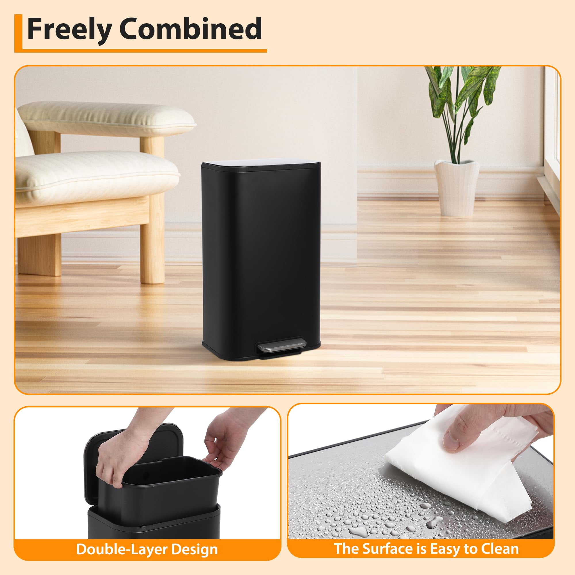 TROPOW Kitchen Trash Can,Stainless Steel Garbage Can with Lid, Step-On Pedal and Inner Bucket, Rectangular Trash Can for Home Kitchen Office Living Room