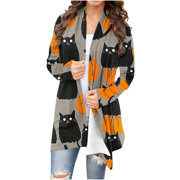 QINGFSAP Womens Halloween Cardigan Open Front Long Sleeve Duster Coat All Over Print Pattern Loose Fit Fall Wear