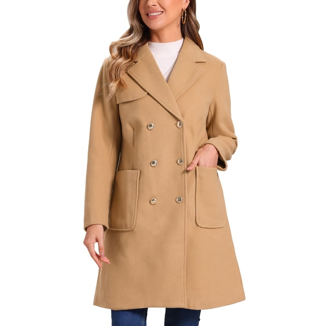 Abrigo largo INSPIRE CHIC para mujer, con solapa de muesca, de doble botonadura y mangas largas, color caqui, talla M