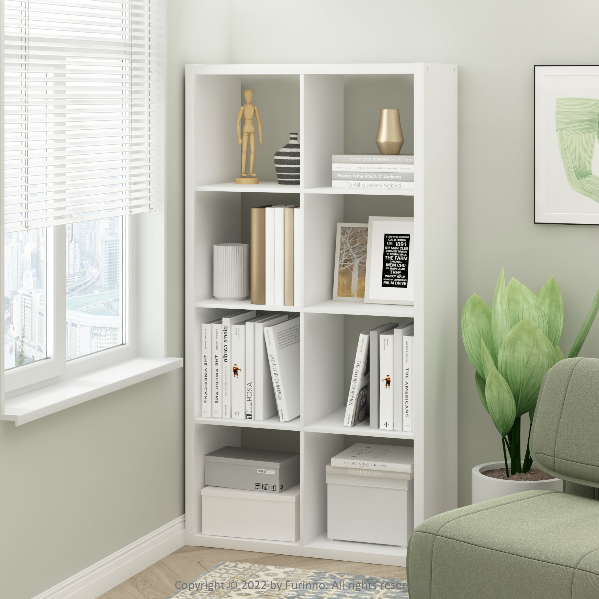 Furinno CUBICLE Book Shelf, 8-Cube Bookshelf, Extra Thick Frame Horizontally & Vertically Reversible Bookcase with Open Back, 14.6 x 30 x 58, for Living Room, Bedroom, Home Office, White