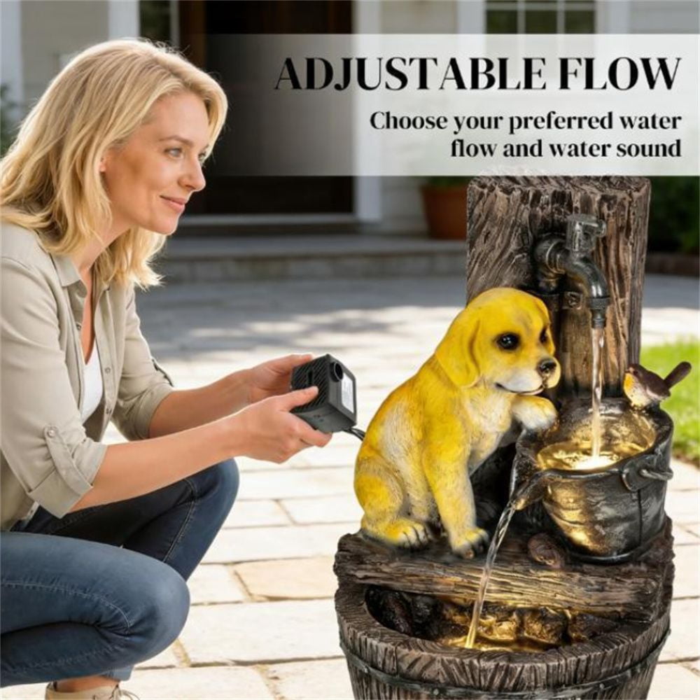 Outdoor 3-Tier Water Fountain with Puppy Bird Figurine Warm LED Lights 3-Speed Pump Rustic Brown for Garden Patio Yard