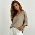 thumbnail image 4 of Gauze Tops Womens Summer Casual Linen Cotton Tunic Blouse 3/4 Sleeve Flowy V Neck Peasant Shirts Beach Tropical Vacation Tees Light Khaki S, 4 of 8