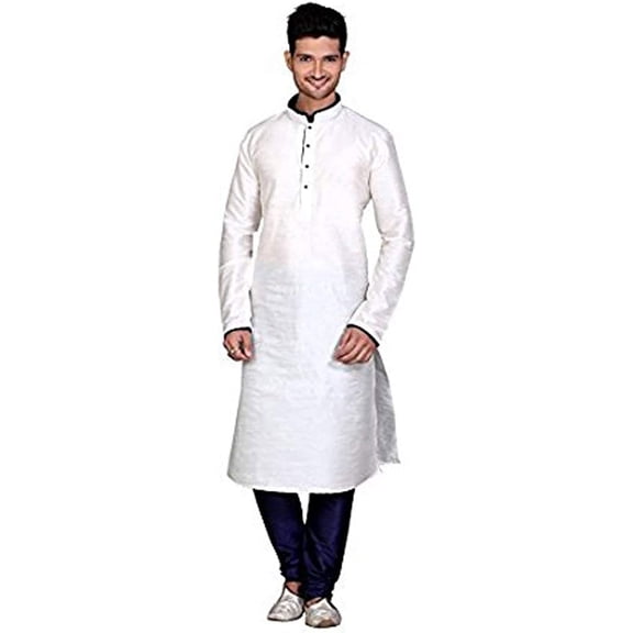 Royal Kurta Men's Dupion Silk Contrast Piping Kurta Churidar Off-White
