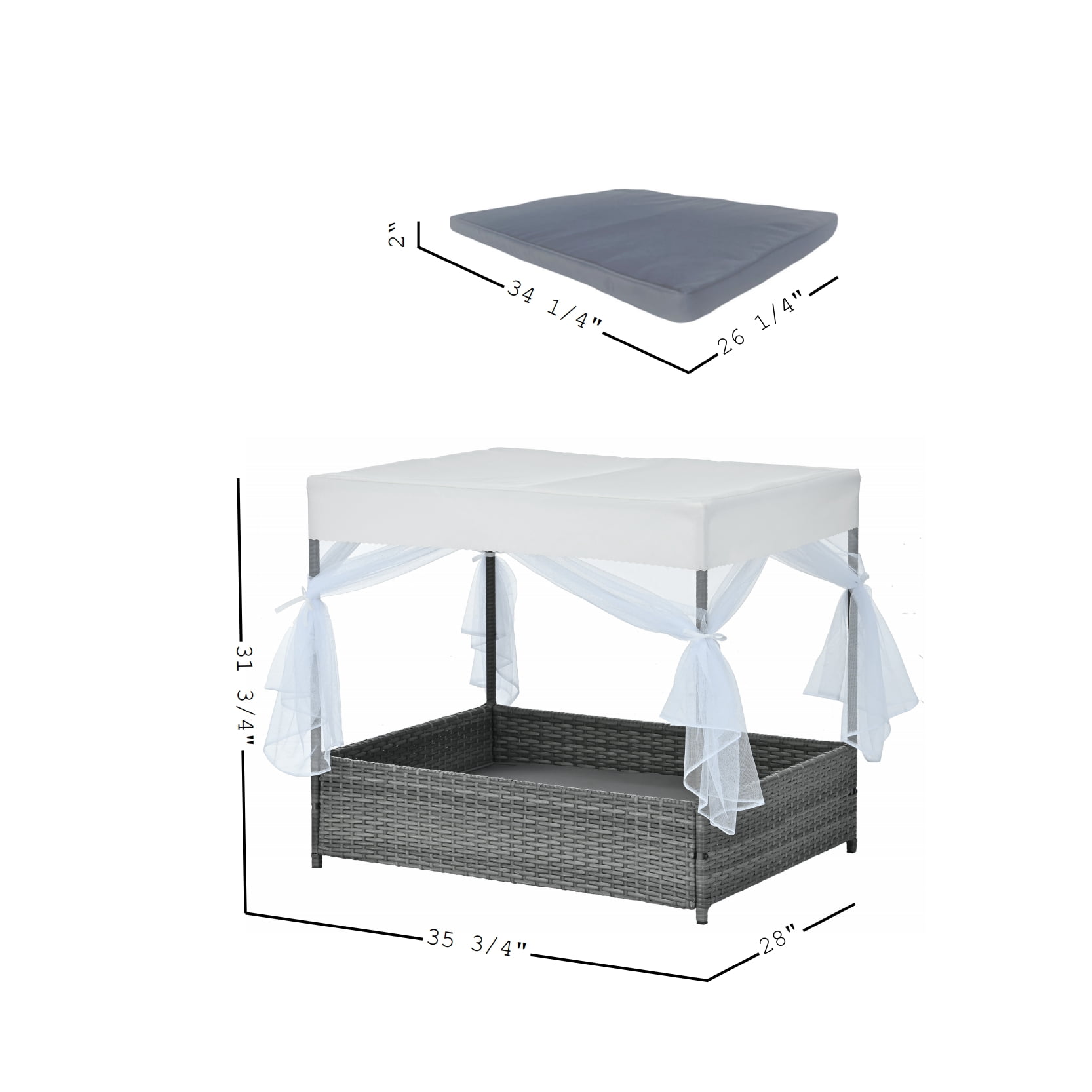 ZephyPaws 36" Dog Bed with Curtain, PE Wicker Pet Patio Furniture, Outdoor Elevated Pet Bed with Canopy & Cushion, Durable PVC Frame for Garden, Patio or Backyard