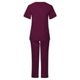 thumbnail image 2 of BiZtdJrK Scrub 2 Piece Outfits for Women Short Sleeve V Neck Scrubs Tops and Pants Sets Stretch Nursing Uniform with Pockets Birthday Gift Wine M, 2 of 8