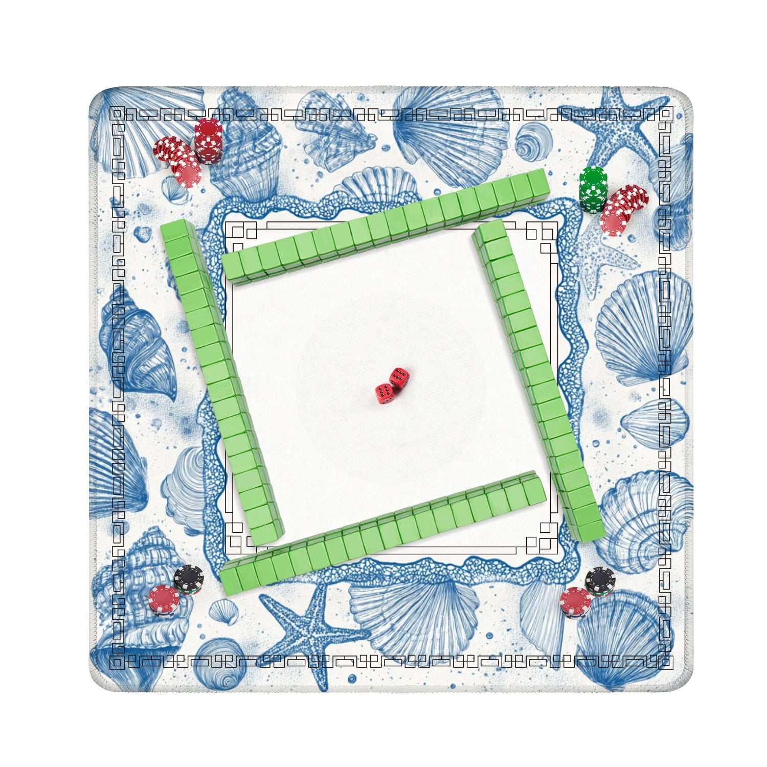 Mahjong Mat 31.5" x 31.5" Blue Seashell Frame Coastal Nautical Border Design Non-Slip Noise Reduction American Mahjong Tiles Table Cover for Dominoes Poker Card Board Games Gift