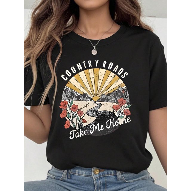 Regular Size Sunflower American Flag Round Neck T-Shirt, Suitable For Fourth Of July, Spring And Summer