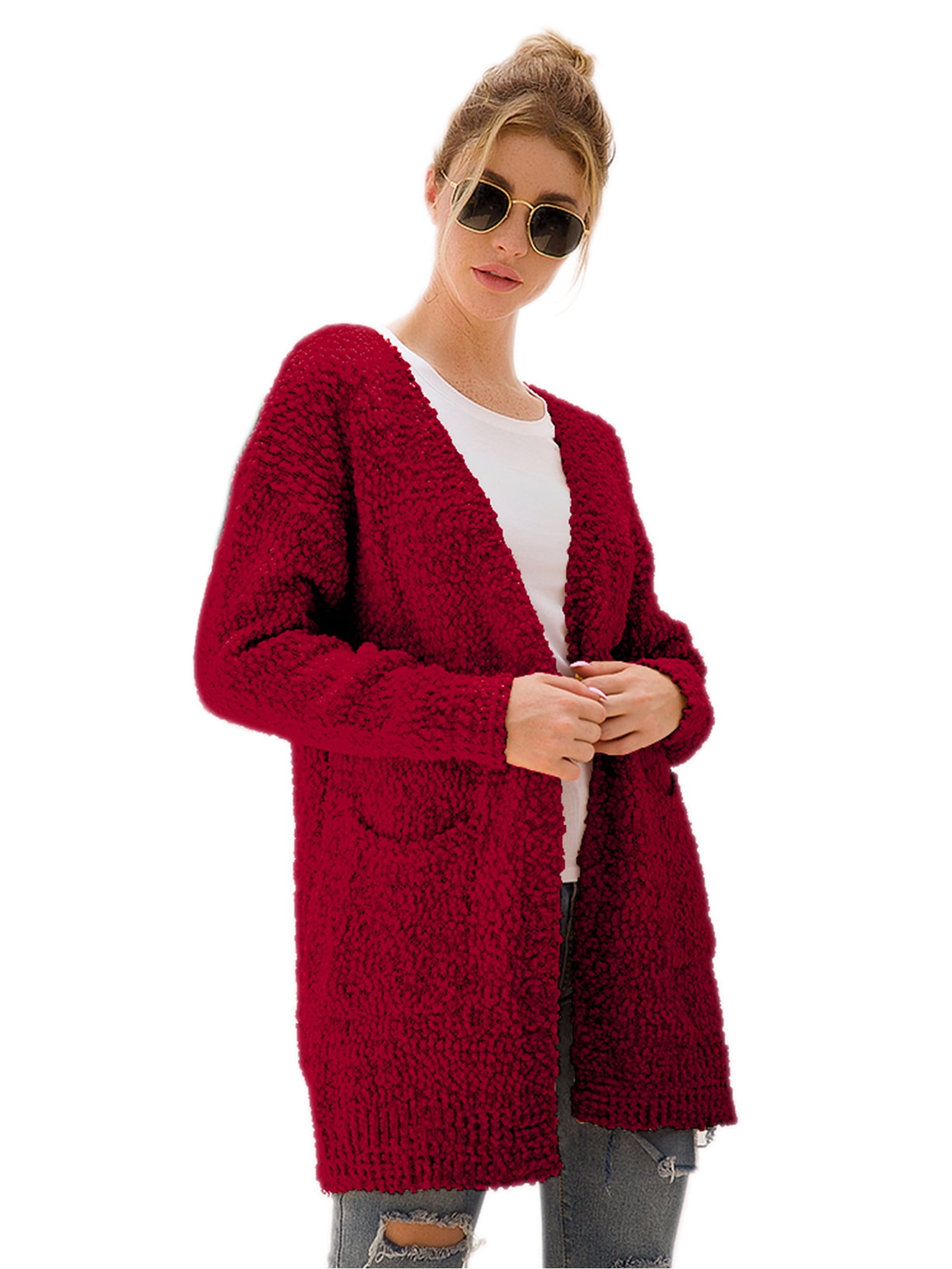 Swarovo Womens Winter Baggy Cardigans Midlength Solid Color Open