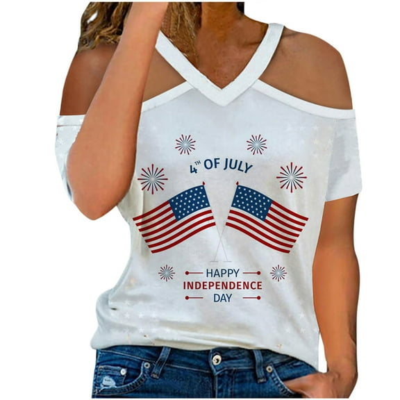 USSUMA Womens Summer Tops and Blouses Trendy V Neck Independence Day Letter Print T-Shirts for Women Dressy Casual Short Sleeve 4th July Cold Shoulder Shirt Tunics Plus Beach