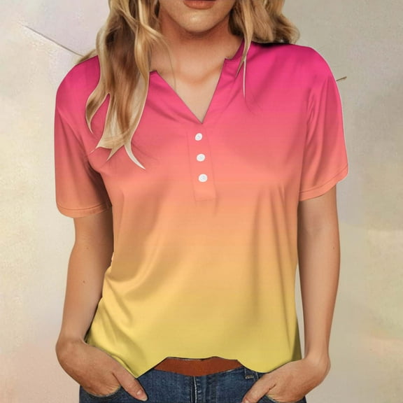 Tittly Valentines Shirts for Women T Shirts for Women Women's Fashion Casual Gradient Button Short Sleeve Top T Shirt Womens Tops New Years Eve Outfits Women Womens Summer Tops Black L