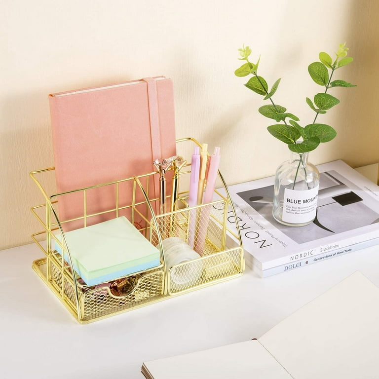 Rose Gold Desk Organizer for Women, Mesh Office Supplies Desk Accessories,  Features 5 Compartments + 1 Mini Sliding Drawer 