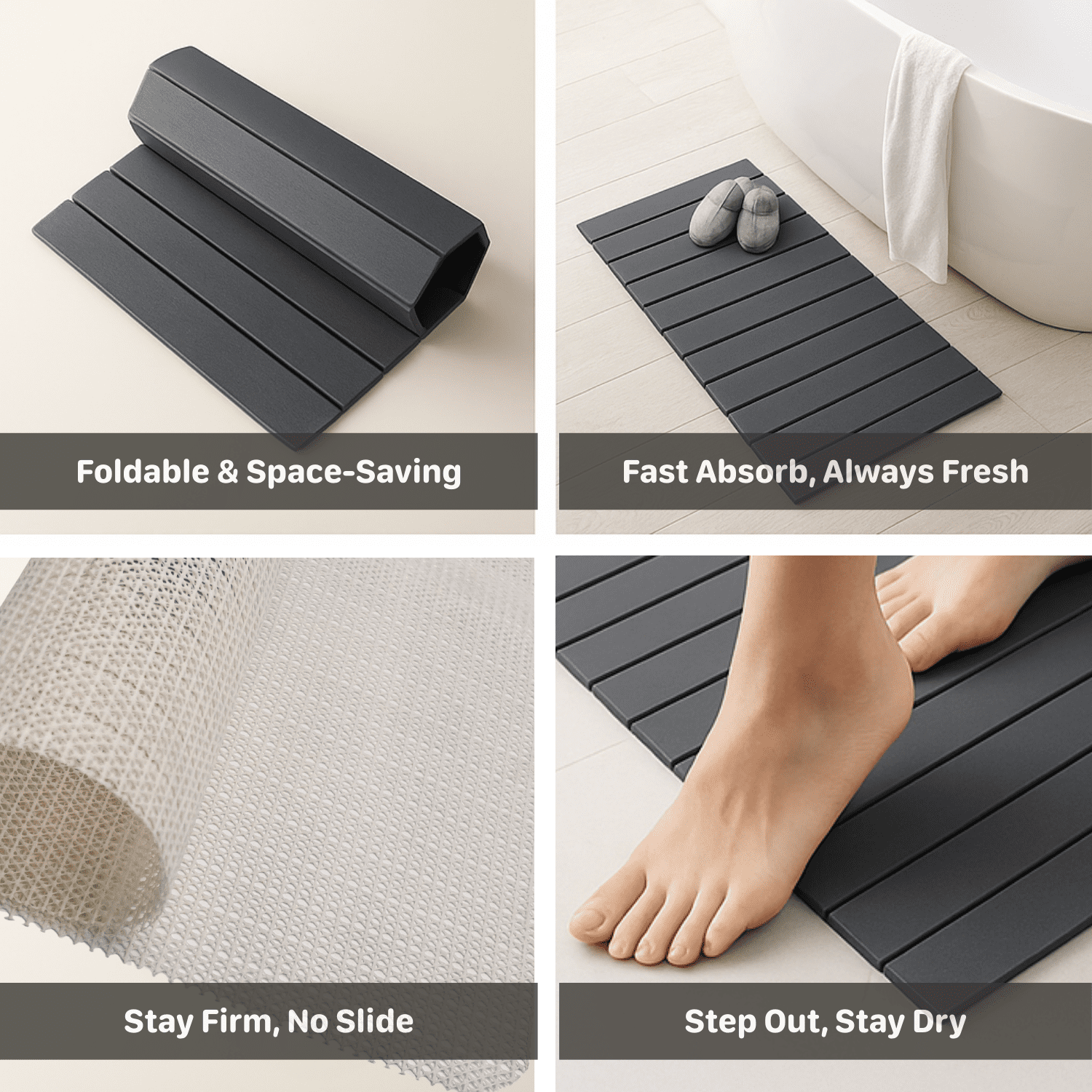 Easymora Foldable Stone Bath Mat – Large 24"x16" Diatomaceous Earth Quick Dry Non-Slip Shower Mat, Super Absorbent & Easy Clean, Dark Gray