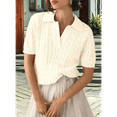 thumbnail image 5 of Women'S Cable Short Sleeve Sweaters Tops Solid Lapel V Neck Knit Casual Soft Pullover Shirt Grey White S, 5 of 6
