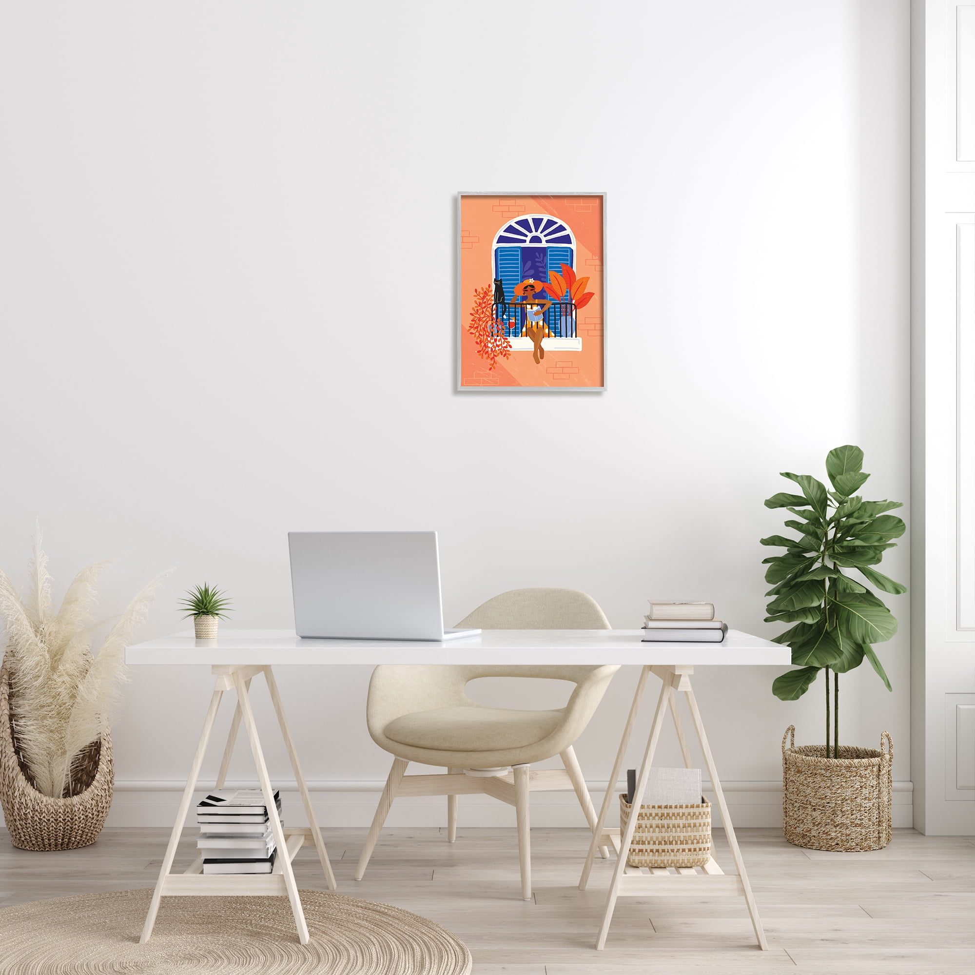 Stupell Industries Woman Reading Balcony Perched Cat Tropical Plants, 16 x 20, Designed by Make Much Studios