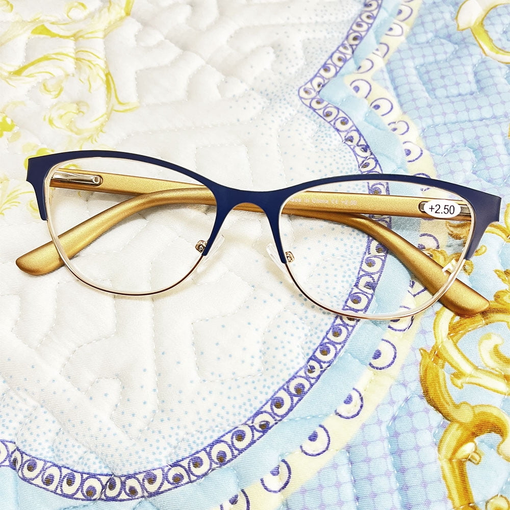 New Trendy Women's Blue Cat Eye Reading Glasses 3.50, Classic HD Fashion Metal Spring Hinge Readers +3.50