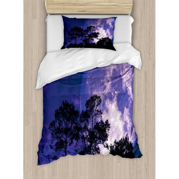 Full Moon Duvet Cover Set Twin Size, Tree Silhouettes on a Field and Moon Beaming, Decorative 2 Piece Bedding Set with 1 Pillow Sham, Dark Indigo Royal Blue Charcoal Grey Lavender, by Ambesonne