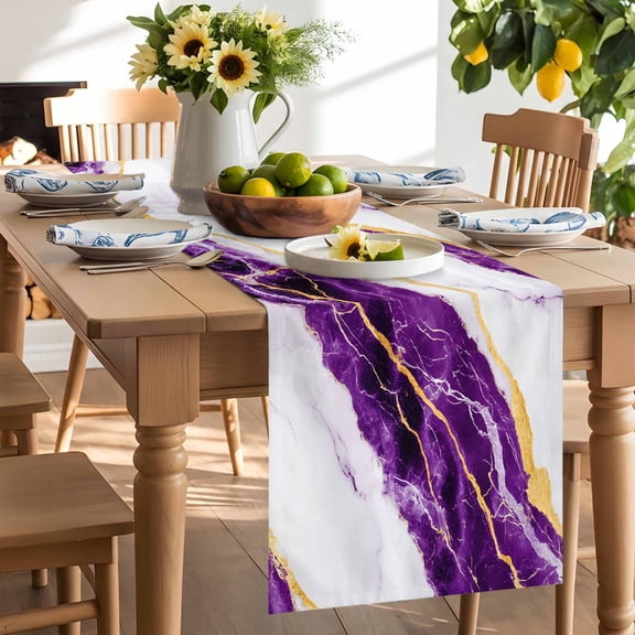 Purple Marble Table Runner, Abstract Retro Washable Kitchen Table Runners Dress Scarves for Dining Table Decorations Party/Restaurant/Indoor Outdoor Use, 13x120in