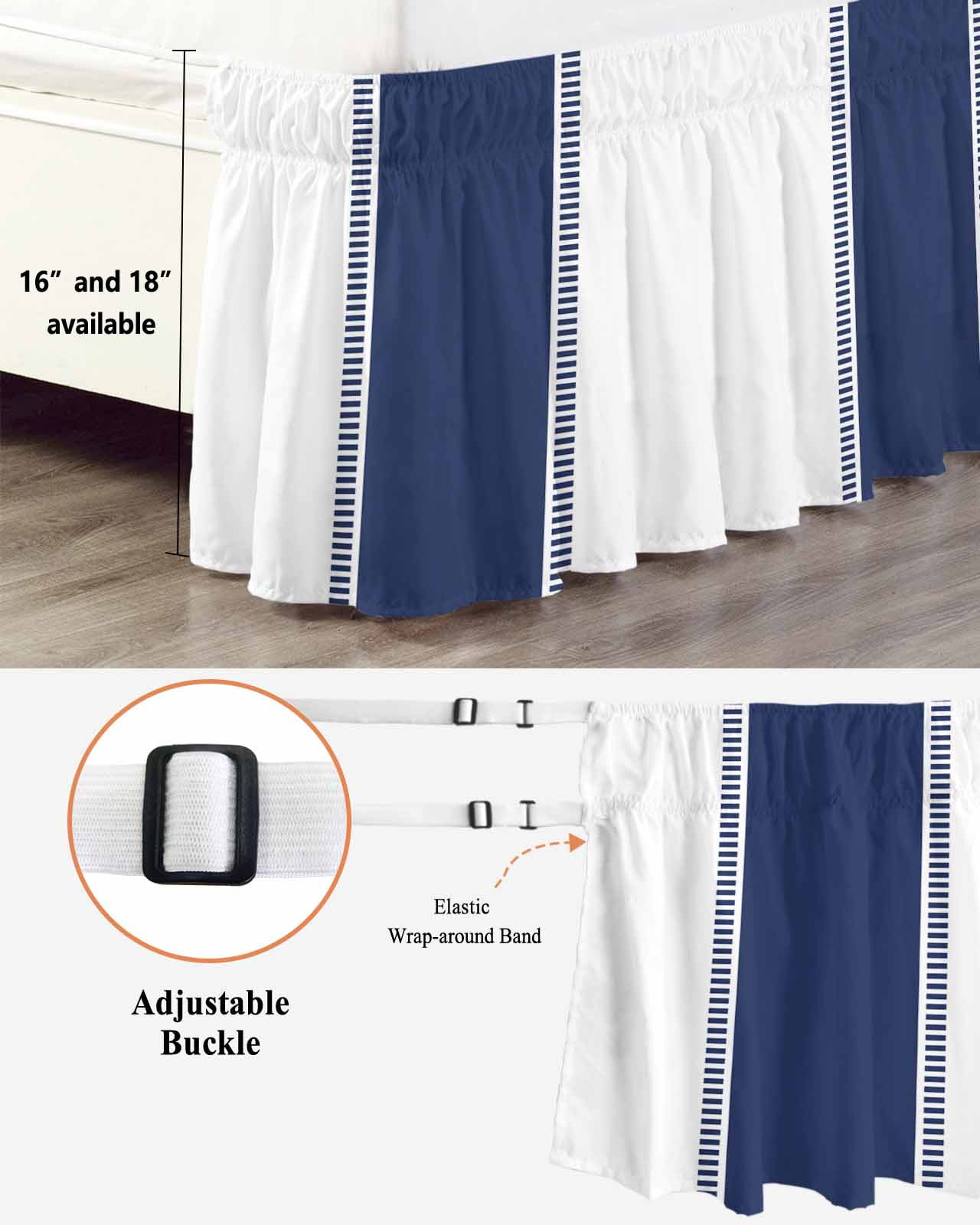 Navy Blue Bed Skirt King Size 16&nbsp;Inch Drop, Stripes Solid Color Wrap Around Dust Ruffle Bedskirts, Wrinkle & Fade Resistant Easy Fit Bedskirt with Adjustable Elastic