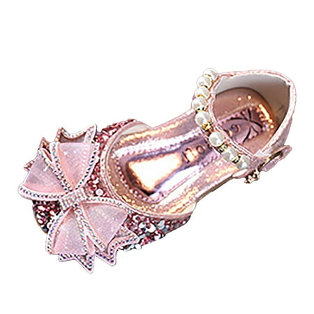 

Fauean Girls Dress Shoes Fashion Flat Bottom Light Mesh Bow Sequin Rhinestone Shoes Pink Size 29