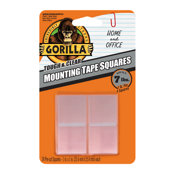 Gorilla "Tough & Clear" Acrylic Foam Adhesive, 1" Mounting Tape Squares, 24 Pieces