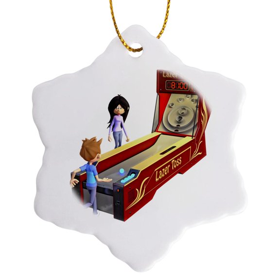 3drose, Skee Ball with Male Playing, 3 inch Snowflake Porcelain Ornament