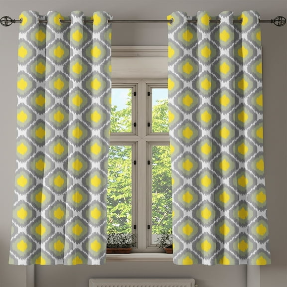 Ambesonne Ikat Grommet Curtain, Vintage Abstract Rhombus, 50" x 54", Grey Yellow White