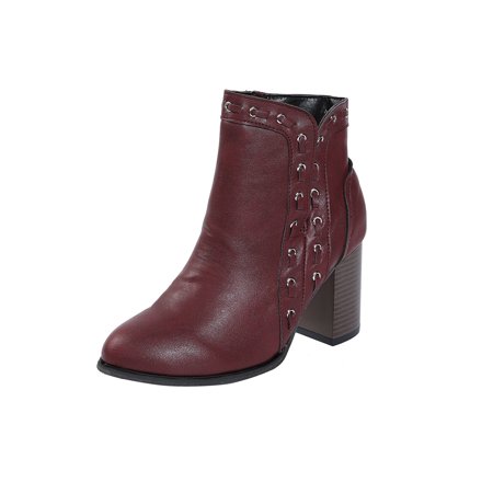 

Rockomi Womens Breathable Winter Shoes Vintage Mid Top Stack Heel Booties Formal Walking Side Zip Ankle Boots Wine Red 9