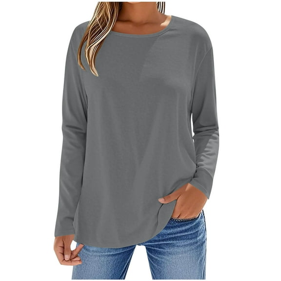 Fmbrln Womens Tops 2025 Fashion Solid Color Fall Long Sleeve Shirts Casual Loose Comfy Crew Neck Blouses