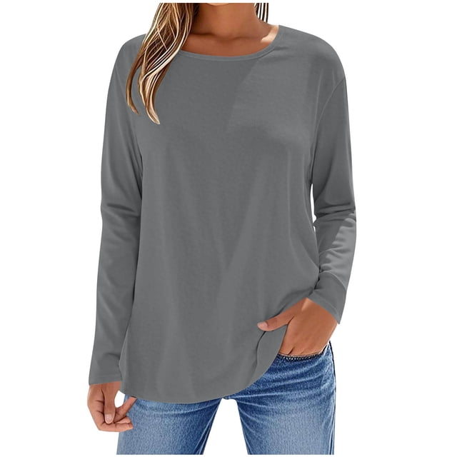 cfhntfmh Womens T Shirts Long Sleeve Round Neck Basic Tee Soft Casual Loose Fit Fall Tops Solid Color Clothes Outfits