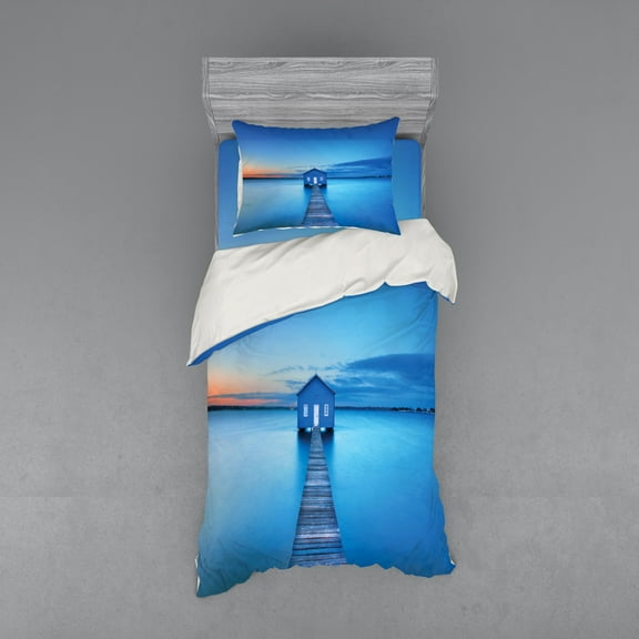 Ambesonne Nature Bedding Set 3 Pcs, Sunrise Lakehouse Cabin, Twin XL, Blue Orange Grey