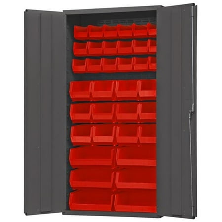 

14 Gauge Flush Door Style Lockable Cabinet with 36 Red Hook on Bins Gray - 36 in.