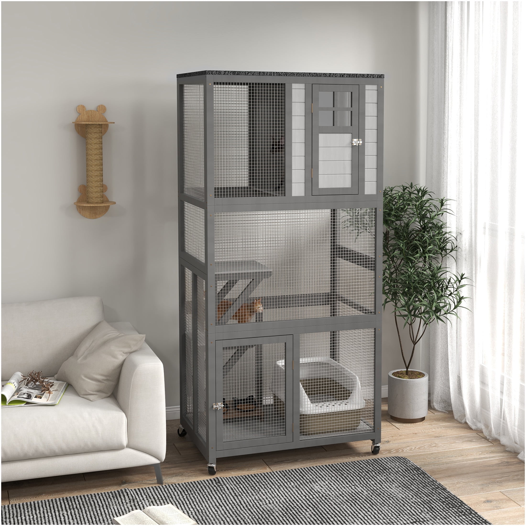 JERFIT 74" Outdoor Wooden Cat House Enclosure with Wheels, Weatherproof Large Catio Cage Condo for Indoor Outside Use, Light Gray