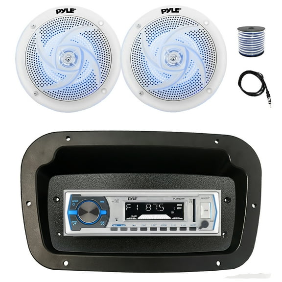Pyle PLMRB29W Single DIN Bluetooth Marine MP3 Stereo Receiver, Spa bezel, Adapter Plate, 22" Radio Antenna, Wire, 2x 6'' 240 Watt Max Power 2-Way Blue Flashing LED Audio Speakers (White)
